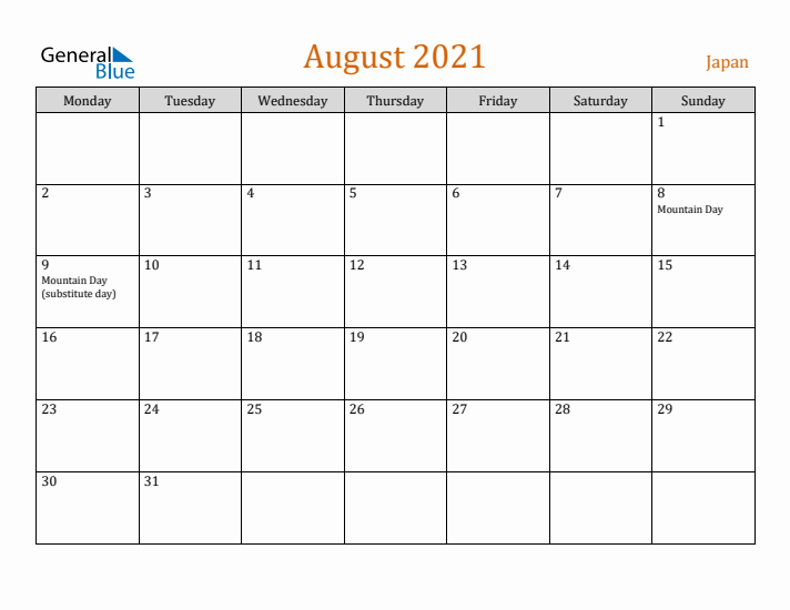 August 2021 Holiday Calendar with Monday Start