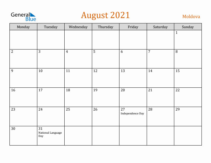 August 2021 Holiday Calendar with Monday Start