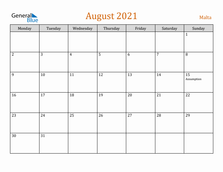 August 2021 Holiday Calendar with Monday Start