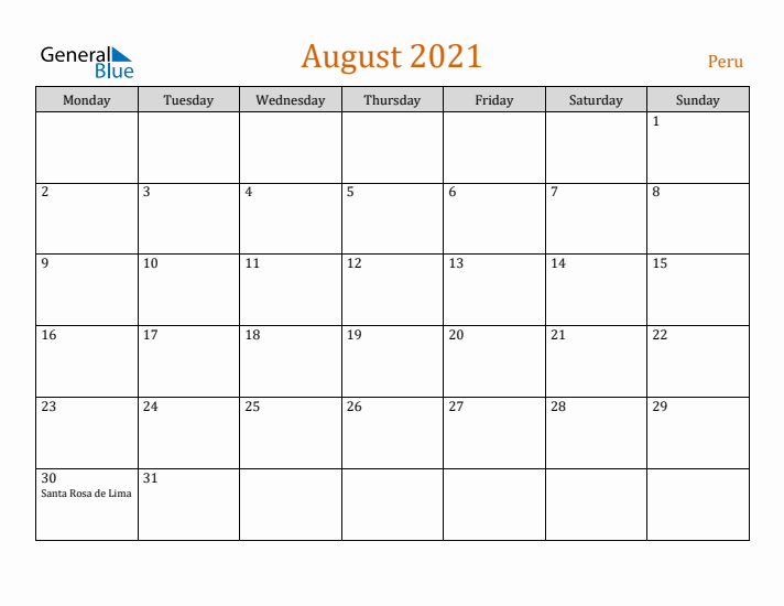 August 2021 Holiday Calendar with Monday Start