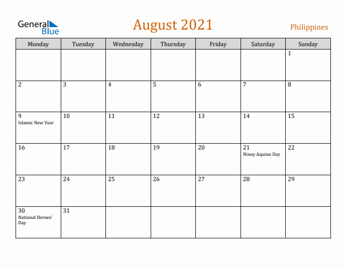 August 2021 Holiday Calendar with Monday Start