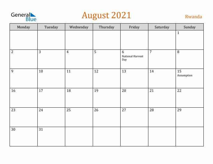 August 2021 Holiday Calendar with Monday Start