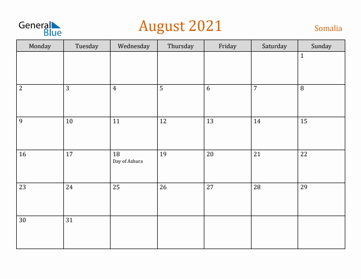 August 2021 Holiday Calendar with Monday Start