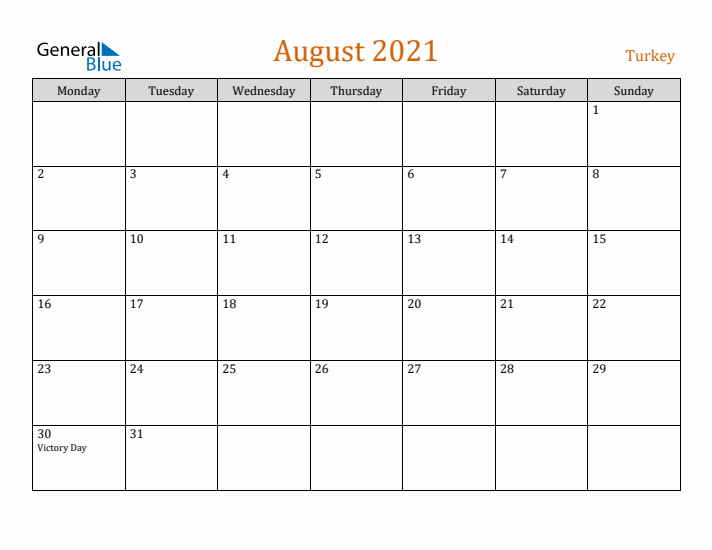 August 2021 Holiday Calendar with Monday Start