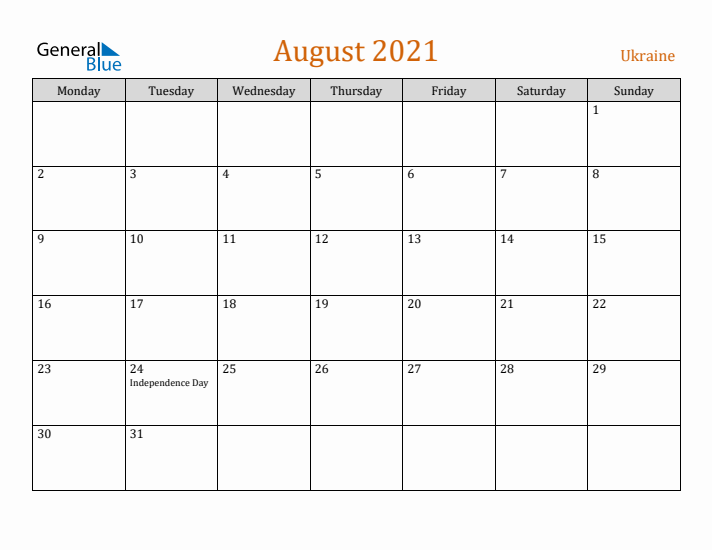 August 2021 Holiday Calendar with Monday Start