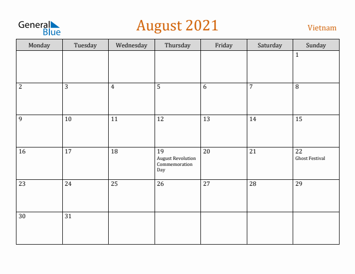 August 2021 Holiday Calendar with Monday Start