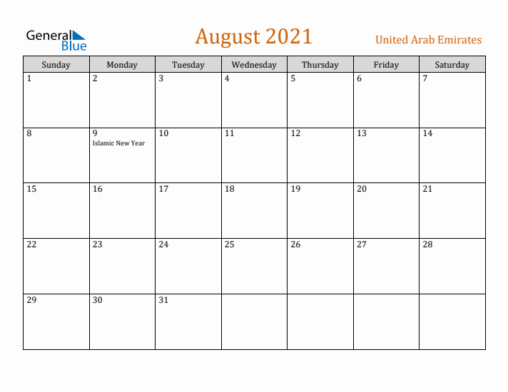 August 2021 Holiday Calendar with Sunday Start