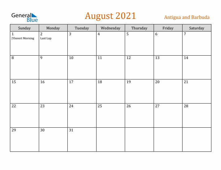 August 2021 Holiday Calendar with Sunday Start