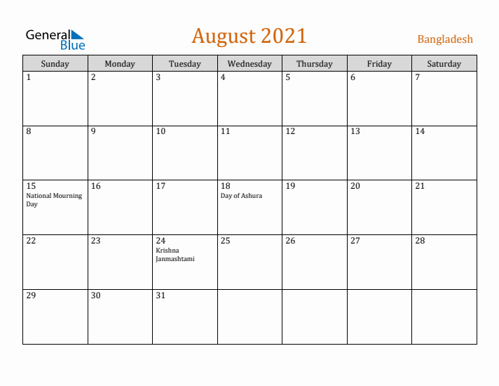 August 2021 Holiday Calendar with Sunday Start