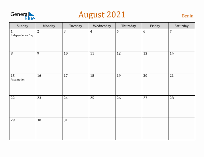 August 2021 Holiday Calendar with Sunday Start