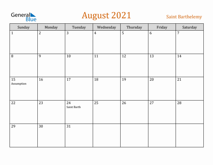 August 2021 Holiday Calendar with Sunday Start