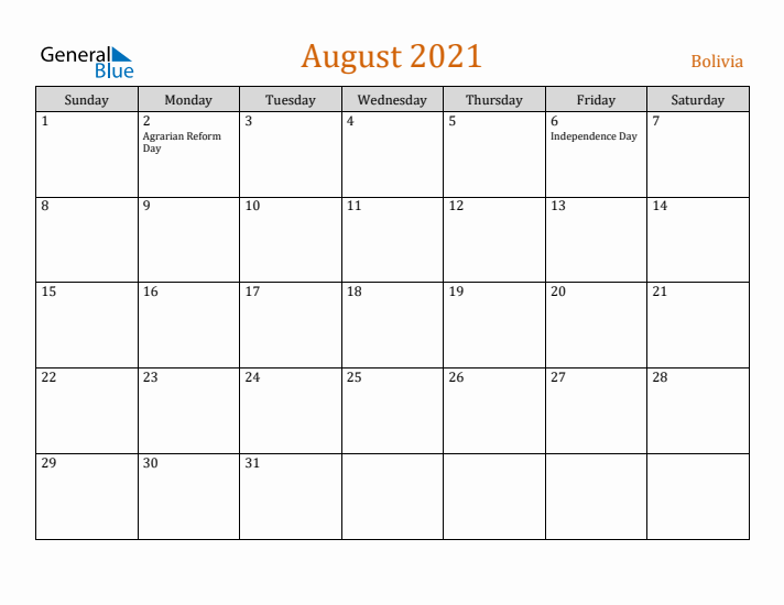 August 2021 Holiday Calendar with Sunday Start