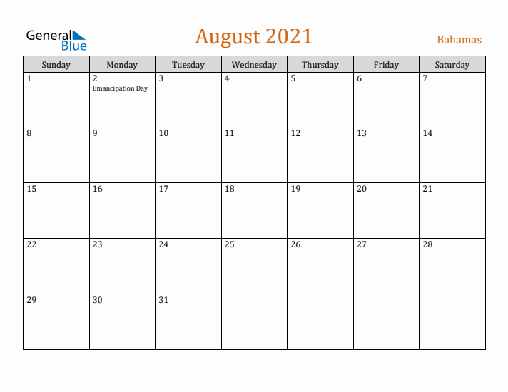 August 2021 Holiday Calendar with Sunday Start