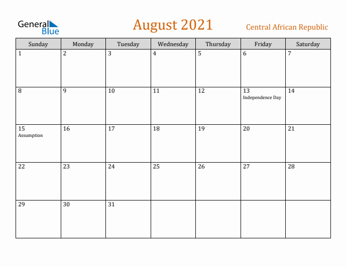 August 2021 Holiday Calendar with Sunday Start