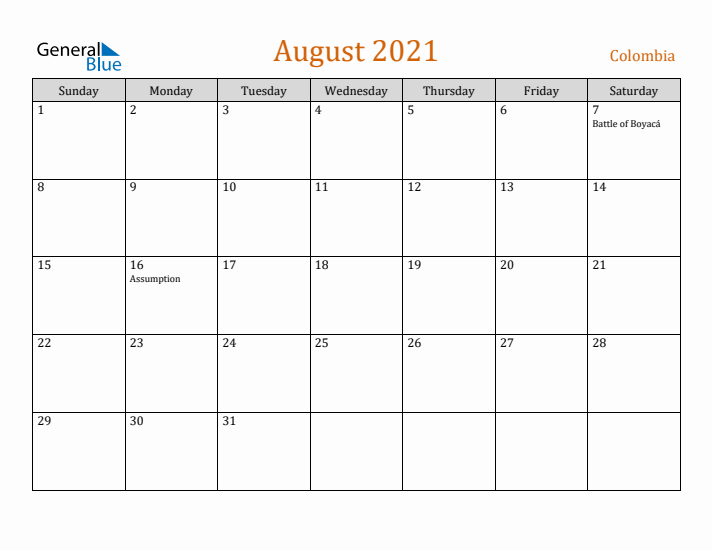 August 2021 Holiday Calendar with Sunday Start