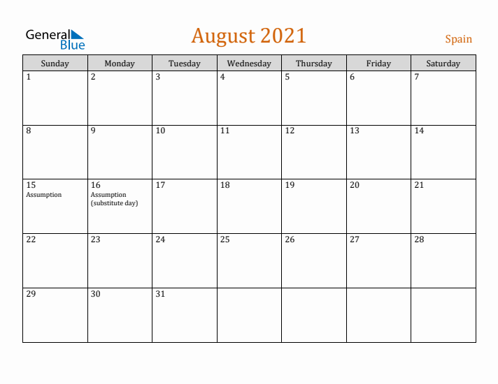 August 2021 Holiday Calendar with Sunday Start