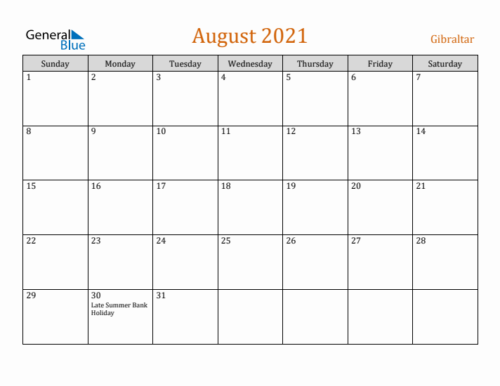 August 2021 Holiday Calendar with Sunday Start