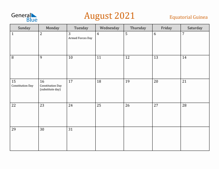 August 2021 Holiday Calendar with Sunday Start