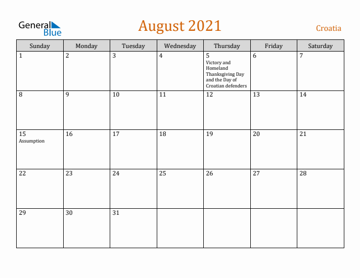 August 2021 Holiday Calendar with Sunday Start