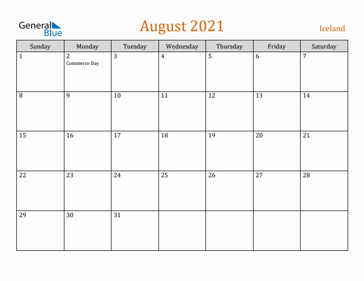 August 2021 Holiday Calendar with Sunday Start