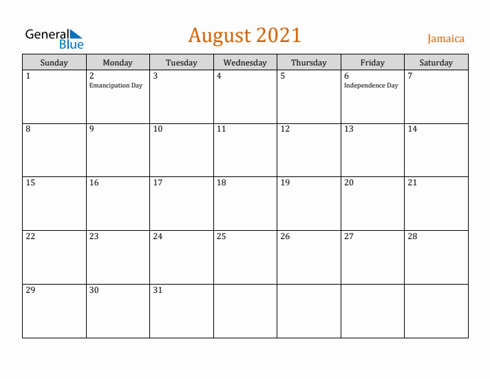 August 2021 Holiday Calendar with Sunday Start