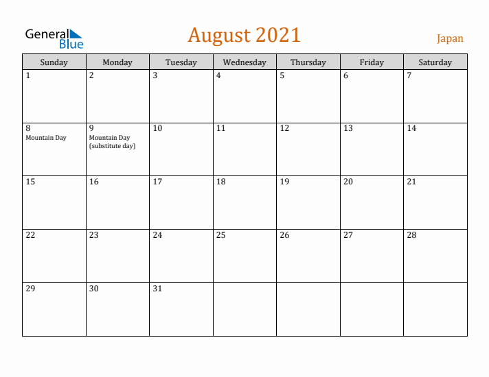 August 2021 Holiday Calendar with Sunday Start