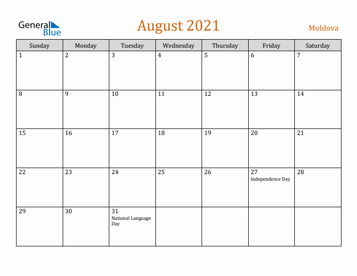 August 2021 Holiday Calendar with Sunday Start