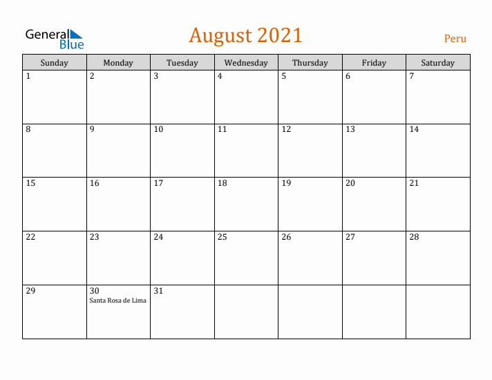 August 2021 Holiday Calendar with Sunday Start