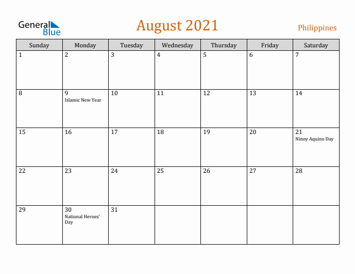 August 2021 Holiday Calendar with Sunday Start