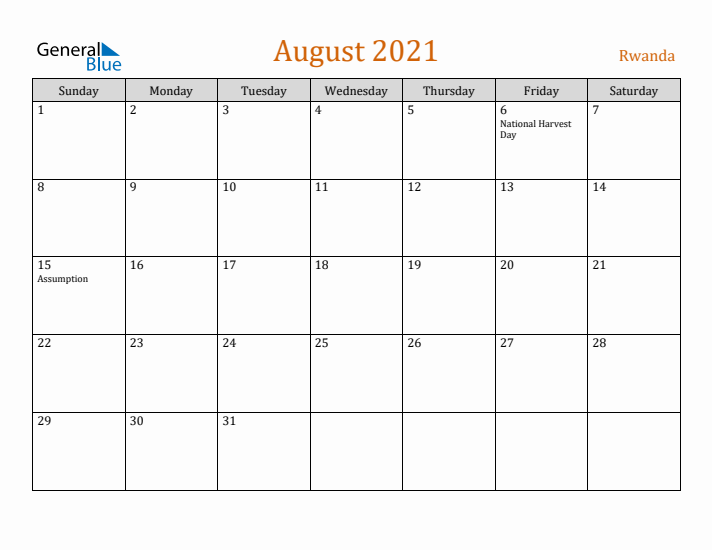 August 2021 Holiday Calendar with Sunday Start