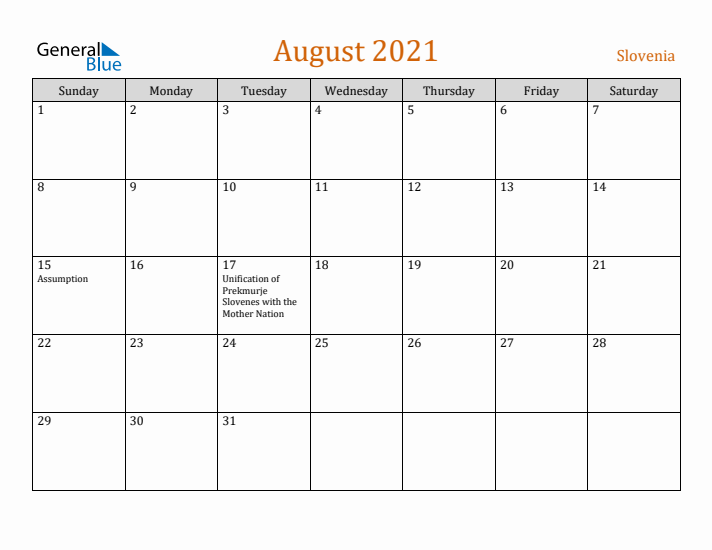 August 2021 Holiday Calendar with Sunday Start