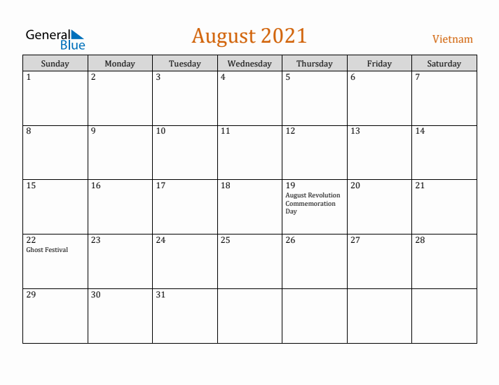 August 2021 Holiday Calendar with Sunday Start