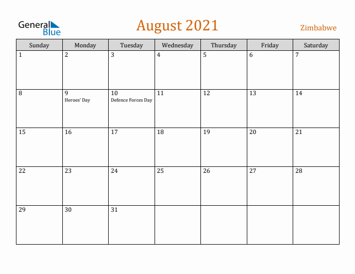 August 2021 Holiday Calendar with Sunday Start