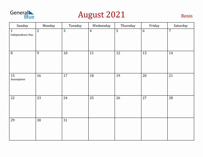 Benin August 2021 Calendar - Sunday Start