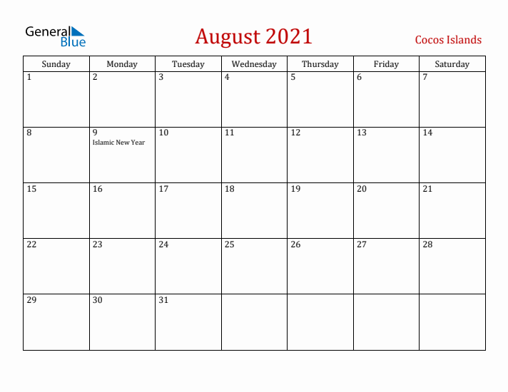 Cocos Islands August 2021 Calendar - Sunday Start