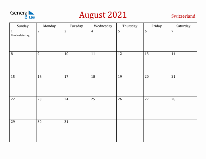 Switzerland August 2021 Calendar - Sunday Start