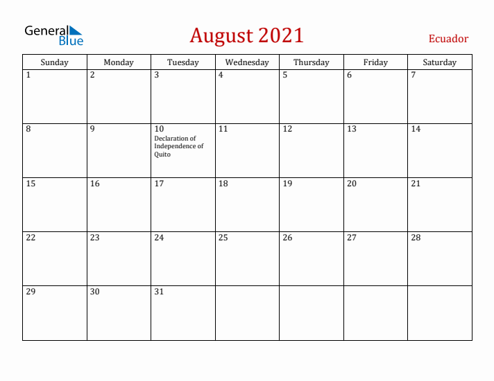 Ecuador August 2021 Calendar - Sunday Start