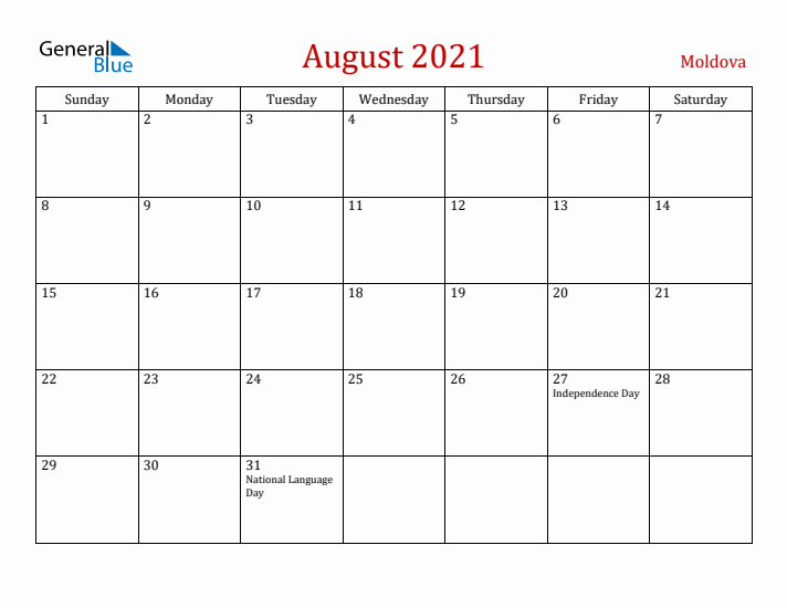 Moldova August 2021 Calendar - Sunday Start