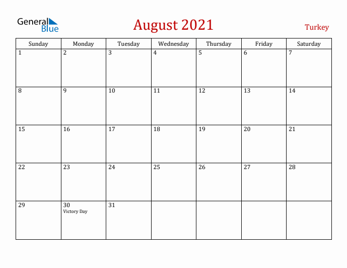 Turkey August 2021 Calendar - Sunday Start