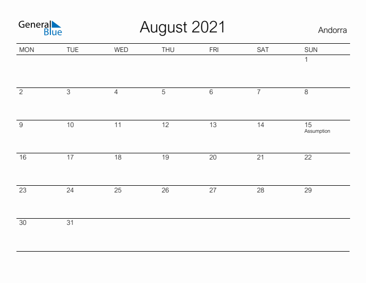 Printable August 2021 Calendar for Andorra