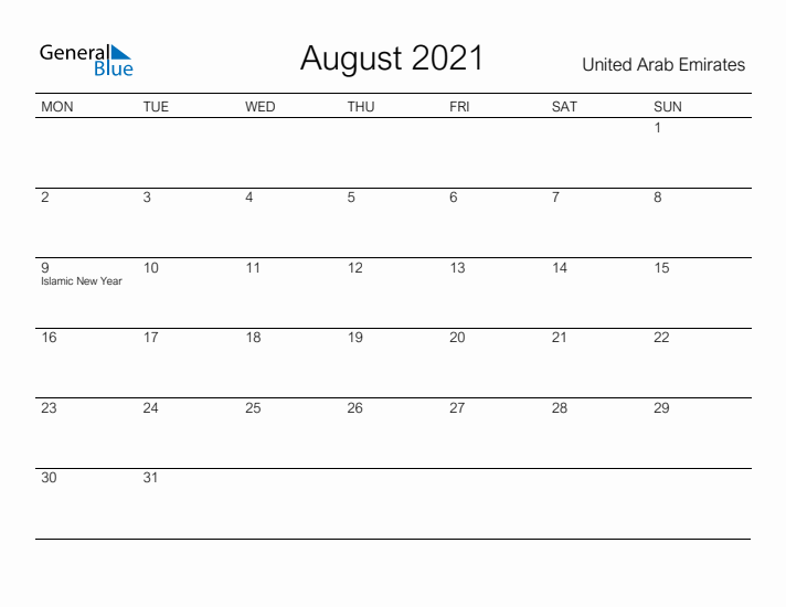 Printable August 2021 Calendar for United Arab Emirates