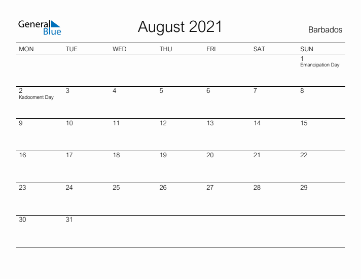 Printable August 2021 Calendar for Barbados