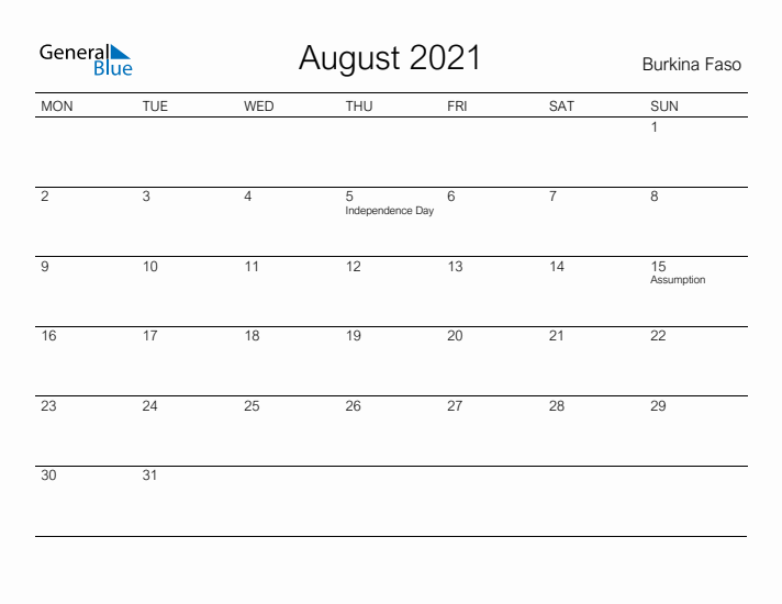 Printable August 2021 Calendar for Burkina Faso