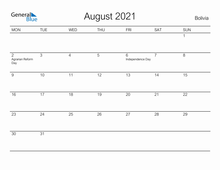 Printable August 2021 Calendar for Bolivia