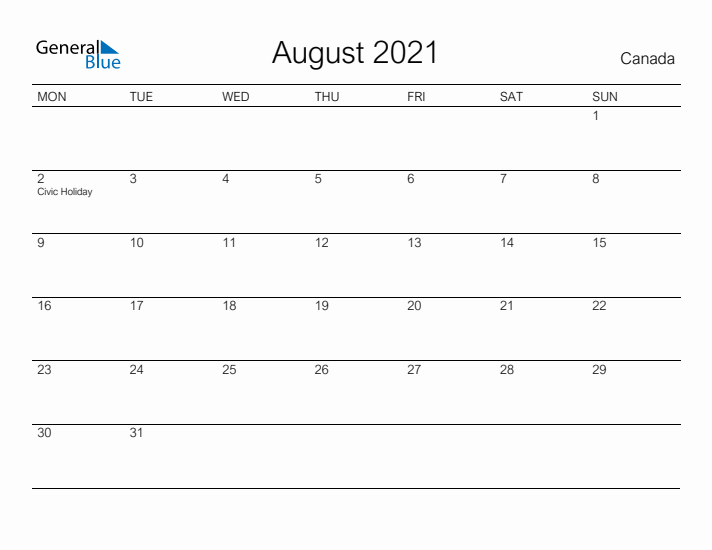 Printable August 2021 Calendar for Canada