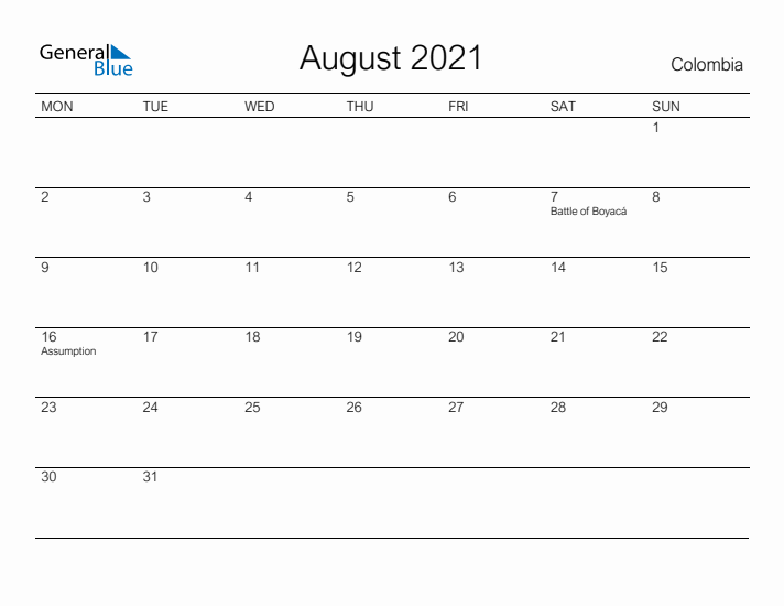 Printable August 2021 Calendar for Colombia