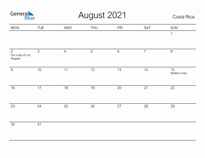 Printable August 2021 Calendar for Costa Rica