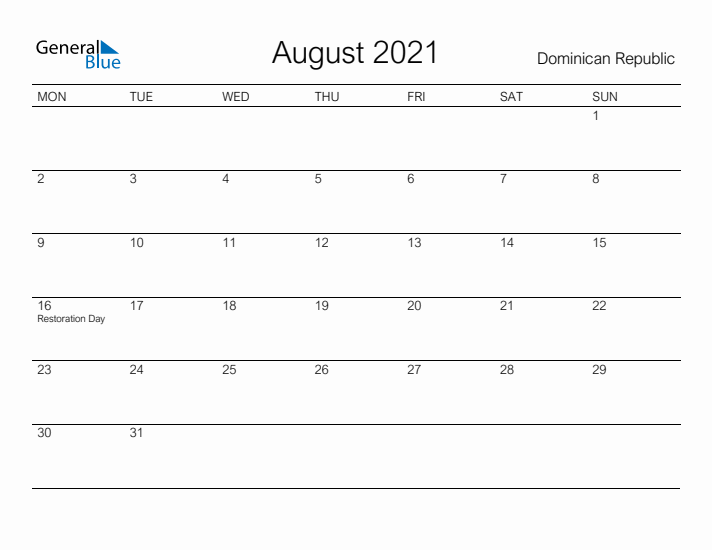 Printable August 2021 Calendar for Dominican Republic