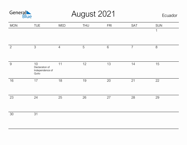 Printable August 2021 Calendar for Ecuador