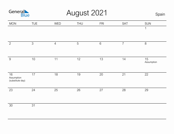 Printable August 2021 Calendar for Spain